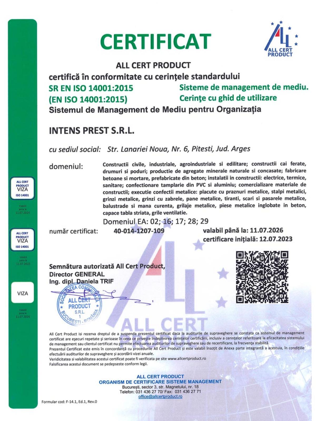 Certificate si licente Intens Prest