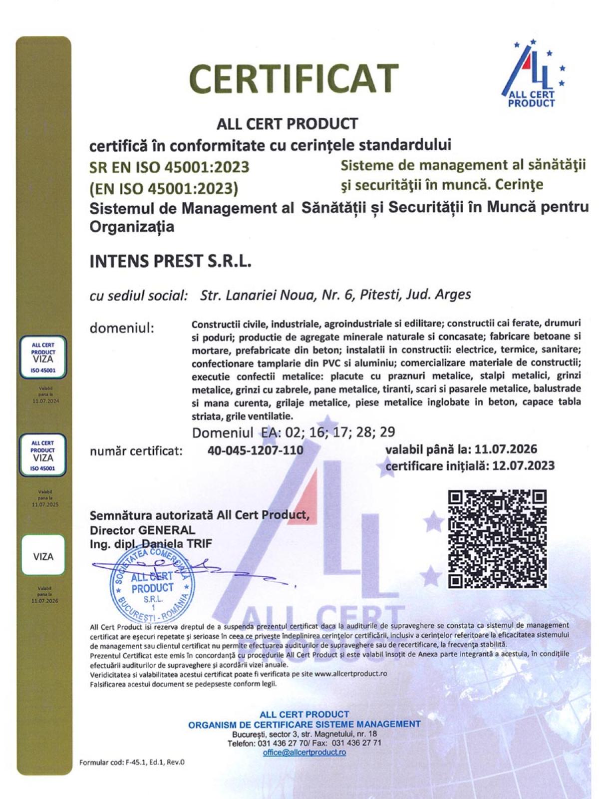 Certificate si licente Intens Prest