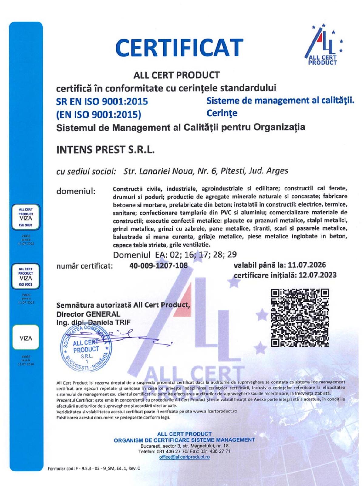 Certificate si licente Intens Prest